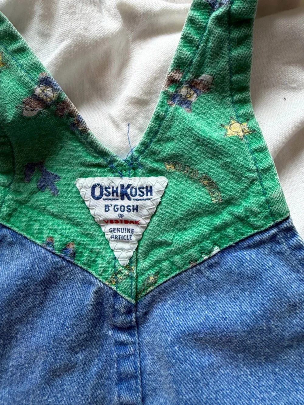 Vintage OshKosh B'gosh Blue Denim Overalls with Green Trim long sleeves